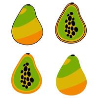 A set of illustrations depicting whole and sliced papaya, showing bright colors and detailed contours, is ideal for culinary and educational graphics. Cute illustration with and without outline vector