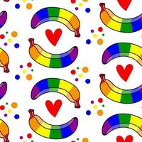 Pattern of bananas colored in a rainbow. Isolated fruits with color. A closed banana in different poses, hearts. LGBT sign. Suitable for website, blog, product packaging, home decor, stationery, more vector
