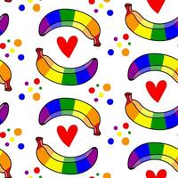 Pattern of bananas colored in a rainbow. Isolated fruits with color. A closed banana in different poses, hearts. LGBT sign. Suitable for website, blog, product packaging, home decor, stationery, more vector