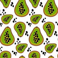 Pattern of illustrations depicting sliced papaya with color and outline. Seeds are scattered, ideal for packing office supplies, food, clothing, paper. Cute repetitive chaotically seamless vector