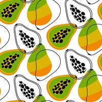 Pattern of illustrations depicting whole and sliced papaya with color, offset contour, ideal for packaging office supplies, food, clothing, paper. Cute repetitive chaotically seamless texture vector