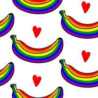 Pattern of bananas colored in a rainbow. Isolated fruits with color. A closed banana in different poses and hearts. An LGBT sign. Suitable for website, blog, product packaging, home decor, stationery vector