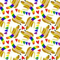 Pattern of bananas colored in a rainbow. Isolated fruits with color. An open banana in different poses and hearts. An LGBT sign. Suitable for website, product packaging, home decor, stationery, more vector