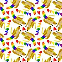 Pattern of bananas colored in a rainbow. Isolated fruits with color. An open banana in different poses and hearts. An LGBT sign. Suitable for website, product packaging, home decor, stationery, more vector