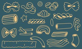 Set of contoured pasta of various shapes. A collection of illustrations suitable for the visual design of Italian cuisine. Design and culinary projects. Many types of pasta in a row on the blue vector