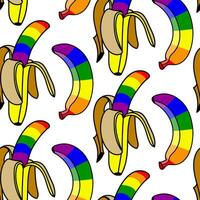 A pattern of bananas colored in a rainbow. Isolated fruits with color. An open and closed banana in different poses. An LGBT sign. Suitable for website, blog, product packaging, home decor, stationery vector