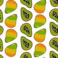 A pattern of illustrations depicting whole and sliced papaya with contour and color, ideal for packaging office supplies, food, clothing, paper. Cute repeating seamless texture vertically vector