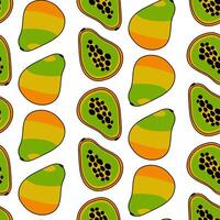 A pattern of illustrations depicting whole and sliced papaya with contour and color, ideal for packaging office supplies, food, clothing, paper. Cute repeating seamless texture vertically vector