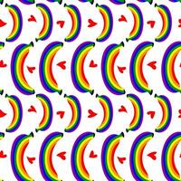 Pattern of bananas colored in a rainbow. Isolated fruits with color. A closed banana in different poses and hearts. LGBT sign. Suitable for website, blog, product packaging, home decor, stationery vector