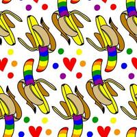 A pattern of bananas colored in a rainbow. Isolated fruits with color. An open banana in different poses and hearts. An LGBT sign. Suitable for website, blog, product packaging, home decor, stationery vector