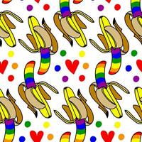 A pattern of bananas colored in a rainbow. Isolated fruits with color. An open banana in different poses and hearts. An LGBT sign. Suitable for website, blog, product packaging, home decor, stationery vector
