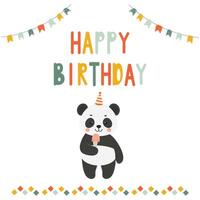 contento cumpleaños tarjeta panda con hielo crema. invitación modelo. ilustración de un bebé tarjeta. vector