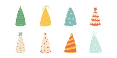 Set of birthday hats. Set of illustrations of cute colored hats for greeting cards, stickers, design.Simple birthday hat vector