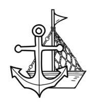 Marine Composition from cute Ship, Boat with Nautical Anchor. Hand drawn illustration. Graphic Sketch. Isolated summer Sea element. vector