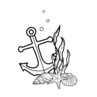 Underwater Composition of Seaweeds, Starfish, Seashells and nautical Anchor. Marine illustration. Hand drawn Graphic sketch. For menu, marine beach design. vector