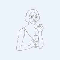 bosquejo de mujer con vino y de fumar línea ilustración diseño vector