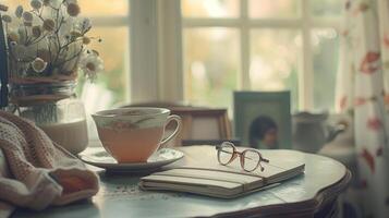un taza de té en un trabajo mesa en un boho estilo oficina foto