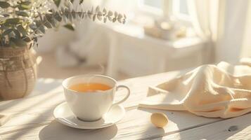 un taza de té en un trabajo mesa en un boho estilo oficina foto