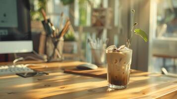 un frapé café en un trabajo mesa en un estilo boho oficina foto