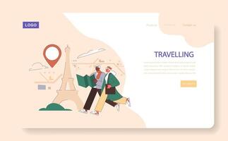 de viaje web o aterrizaje. mayor Pareja explorador París, mapa en mano vector