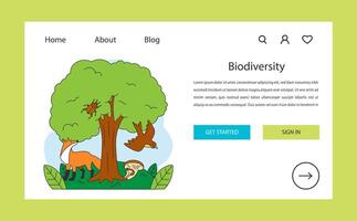 Biodiversity web banner or landing page. Fox, bird, beetle, and mushroom vector