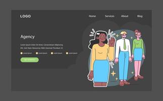 Empowerment dark or night mode web, landing. Group of diverse office vector