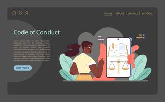 Code of Conduct concept. A person holds a tablet displaying scales of justice. vector