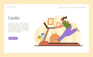 Home Cardio illustration. Dynamic home workout scene with a woman using a treadmill. vector