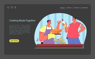 Meal preparation concept. Companions share culinary skills in home kitchen. vector