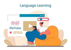 plurilingüe maestría concepto. atractivo con diverso idiomas mediante digital plataformas vector