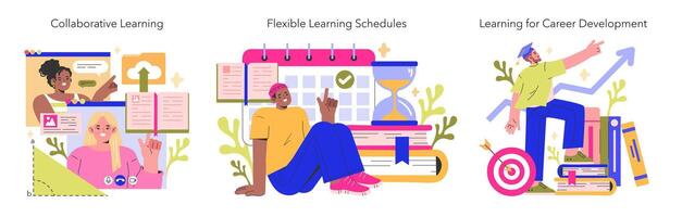 Digital Learning trio Showcasing group study, time management in e-learning, and professional skills enhancement Embracing collaborative and self-directed educational experiences illustration vector