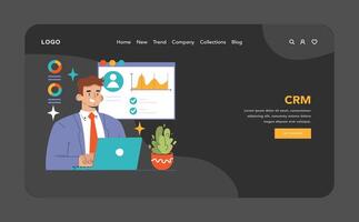 CRM dark or night mode web, landing. Businessman analyzes customer vector