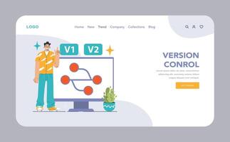 Version Control web or landing. Trendy developer showcasing progression vector