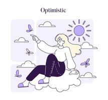 un joven mujer se sienta en un nube, señalando hacia el sol, encarnando positividad y un esperanzado panorama vector