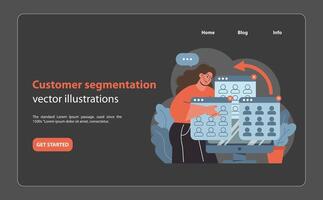 Customer segmentation concept. Enthusiastic woman categorizing digital profiles. vector