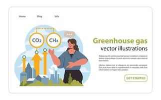 Woman showcasing greenhouse gas emissions with CO2 and CH4. vector