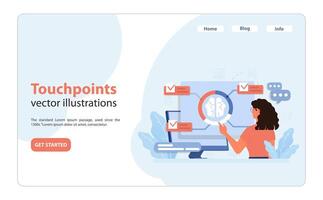 enfocado mujer señala crítico cliente puntos de contacto en un digital pantalla. vector