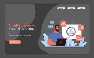 confidente hombre atractivo con en línea lealtad programas, ganador prima puntos para en línea comercio. vector