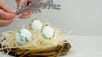 brins de lavande femelle mains allonger en dehors près des œufs dans nid Pâques Contenu film à propos Pâques des œufs broderie Fait main broderie avec rubans sur coquilles d'œufs décorations paysage Krashenok Pâques vacances video