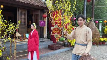 Vietnã phu quoc ilha grande mundo 12.03.2024 cidade japonesa tradicional chapéus cidade japonesa arco pessoas vestido dentro tradicional japonês roupas representar seus nação Como lindo video