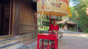 Vietnam phu quoc Insel großartig Welt 03.12.2024 Japanstadt traditionell Hüte Japanstadt Bogen Menschen gekleidet im traditionell japanisch Kleider vertreten ihr Nation wie schön video