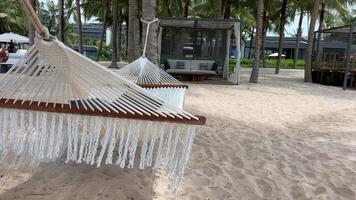 Vietnam phu Quoc island Idyllic tropical beach with hammock, sun loungers, palm trees, and white sand, inviting relaxation and leisure on a sunny day video