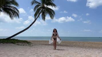 costoso hotel viaje anuncio elegante lujo playa un joven mujer niña en un blanco pareo negro traje de baño bailes mentiras descansando bebidas agua mira a el teléfono usos móvil redes en el mar Oceano video