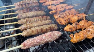 Turks keuken houtskool rooster lam verkoold vlees. culinaire traditioneel rokerig barbecue Adana kebab. geroosterd halal shish vlees. koken braadstukken shish kebab barbecue Aan grillen. Arabisch voedsel gegrild Aan spiesjes video