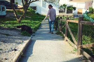 Rear view of an adult man walking a dog outdoors, spending time with his domestic pet on the nature. People and animals concept. photo