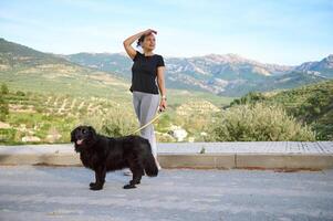 hermosa mujer en ropa de deporte, mirando forma, caminando su perro en Correa en el naturaleza, disfrutando caminar con su árbol genealógico de pura raza negro cocker spaniel perro en el montañas naturaleza al aire libre foto