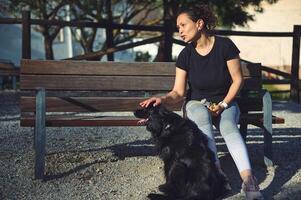 auténtico retrato de un bonito mujer ang su mascota, un negro cocker spaniel en el banco en el naturaleza al aire libre. mujer caminando perro foto