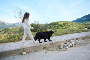 Side view little child girl taking her cocker spaniel dog for a walk on leash in the nature against mountains background photo