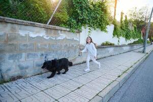 Cute child girl walking her dog on the street against a stone fence background photo
