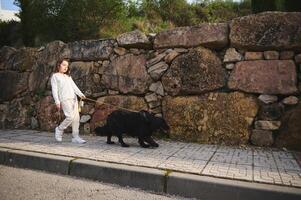 Full length portrait of a beautiful happy child girl enjoying a morning walk with her pedigree cocker spaniel. Cute baby girl walking her black dog on leash on the city street outdoors photo